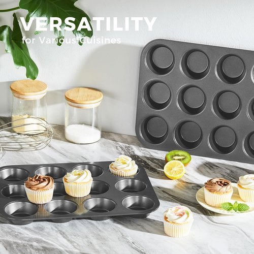 HONGBAKE Nonstick Muffin Pan - 12-Cup Baking Tray Set, Dishwasher Safe | Dark Grey Finish