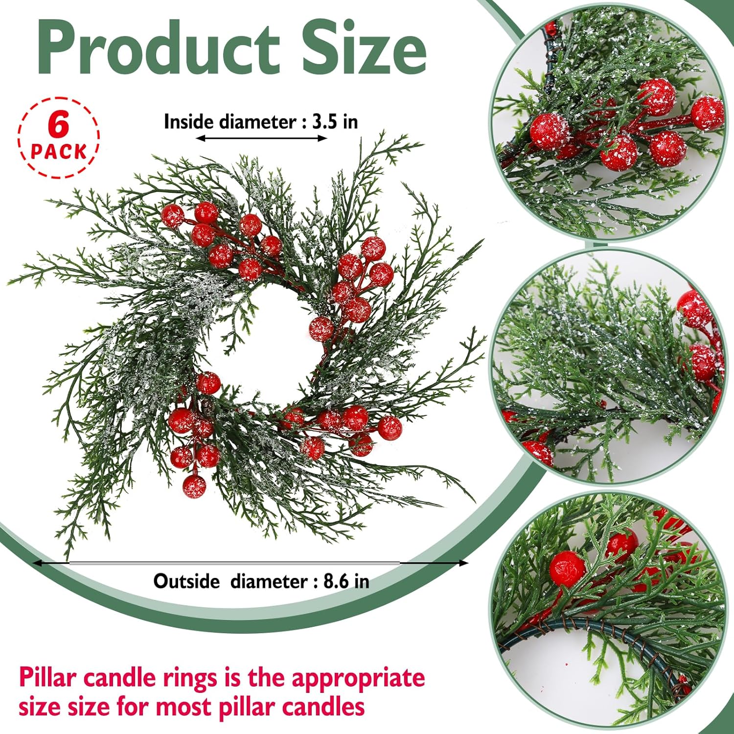 Regine Switzerland Christmas Candle Rings - 6 Pcs Red Berry & Snowy Pine Wreath Holders for Holiday Decor