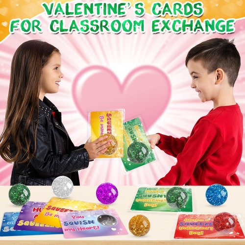 NEUBSAW 24 Packs Valentine's Day Cards with Gli-tter Stress Squishy Balls Toy for Classroom Exchange, Valentine's Gifts Party Favors for Boys Girls School, Valentine's Prizes for School