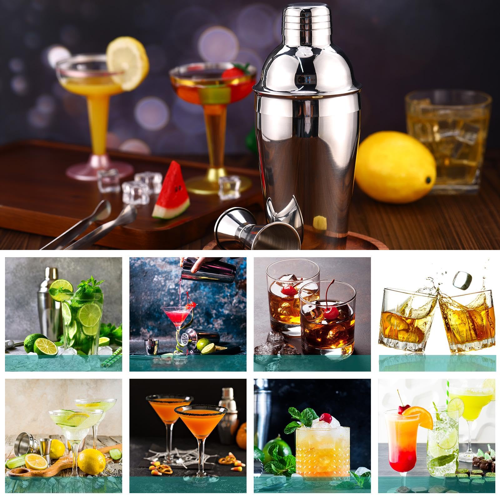 Umigy Cocktail Shaker Set Martini Shaker Bulk Stainless Steel Martini Mixer with Strainer and Double Measuring Jigger for Bar Party Home Use Wine Bar(18 Oz/ 550 ml,8 Packs)