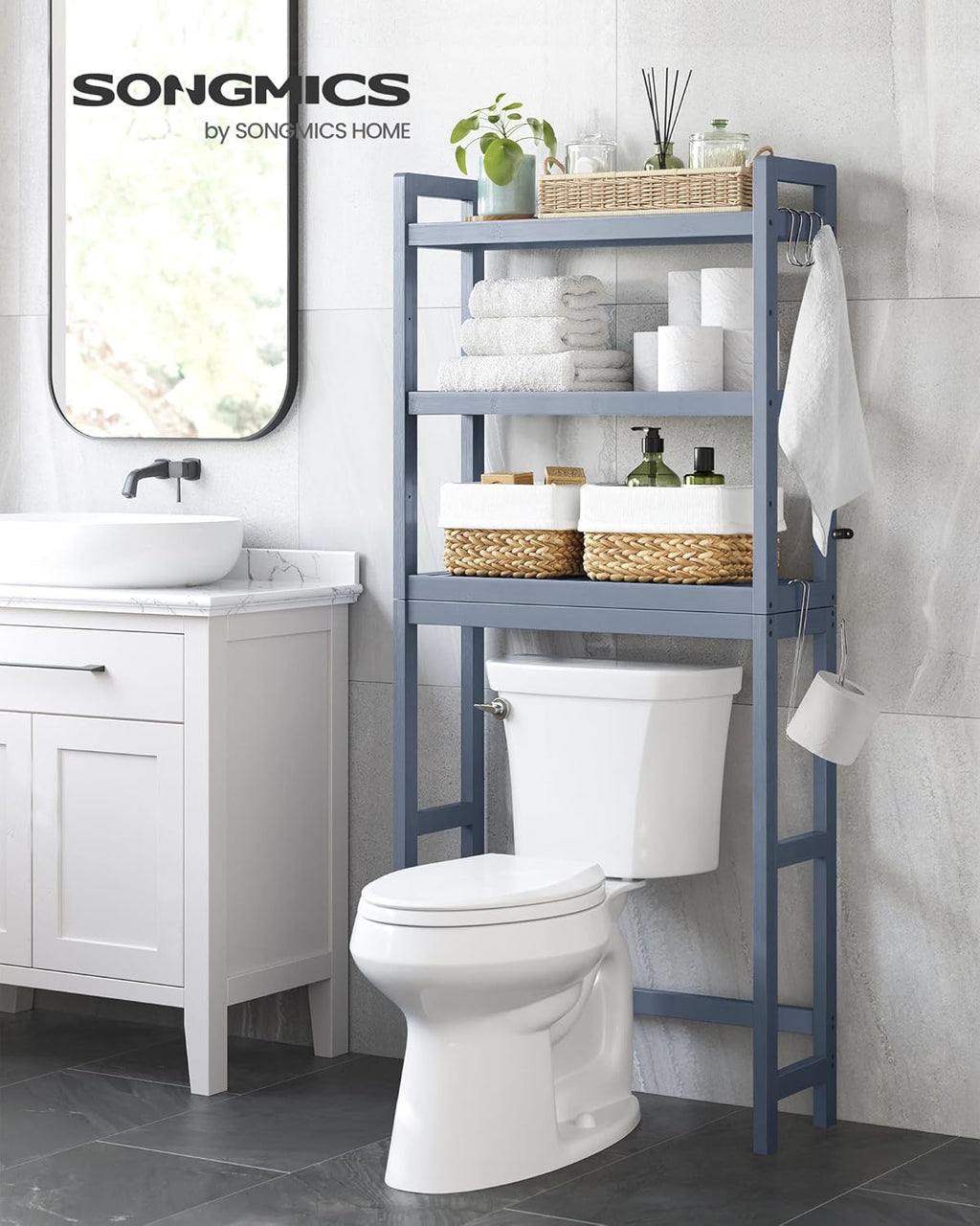 SONGMICS Over The Toilet Bathroom Organizer - 3-Tier Adjustable Shelf, Space-Saving Design, Gray, 10.2 x 24.8 x 66.9 Inches