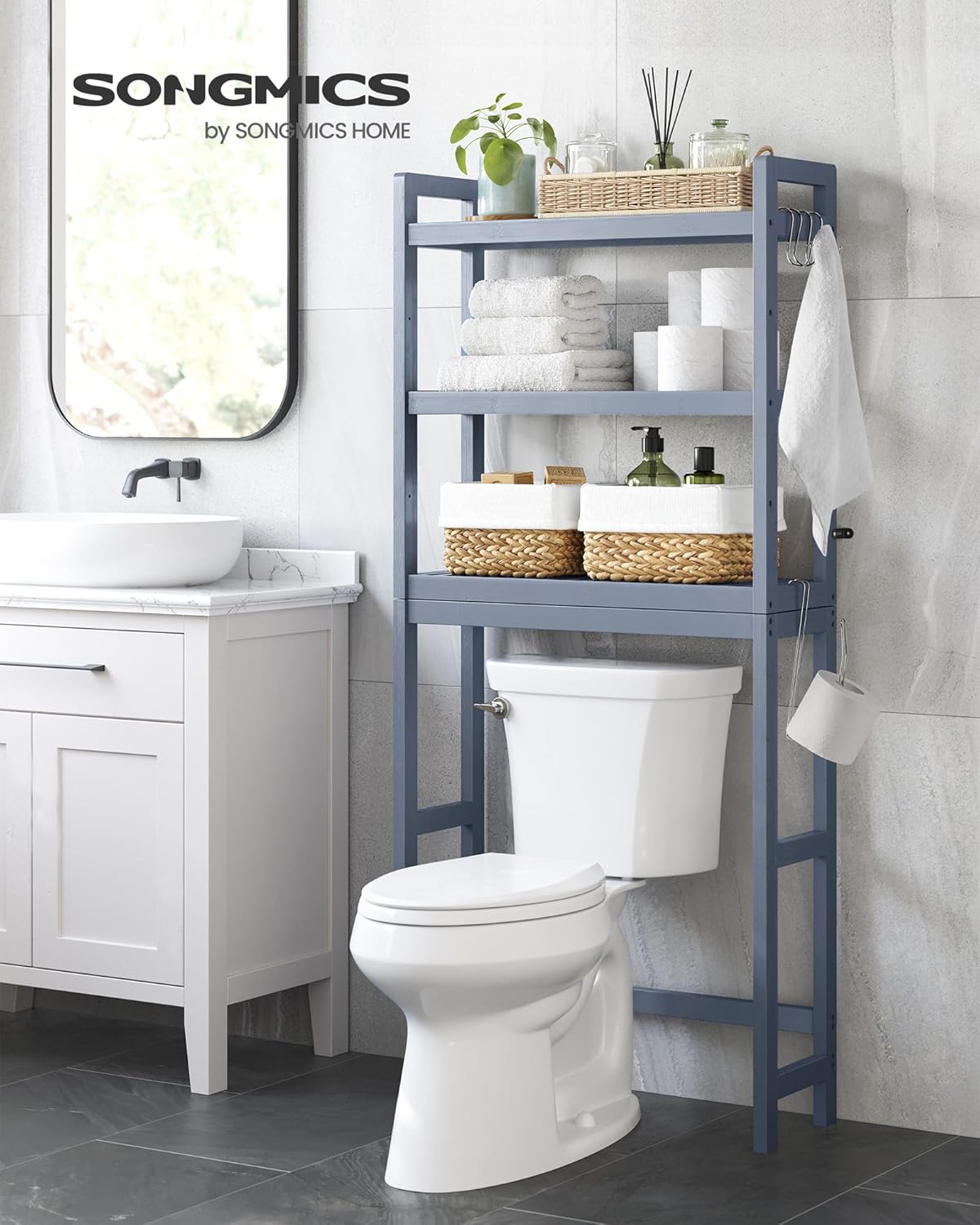 SONGMICS Over The Toilet Bathroom Organizer - 3-Tier Adjustable Shelf, Space-Saving Design, Gray, 10.2 x 24.8 x 66.9 Inches