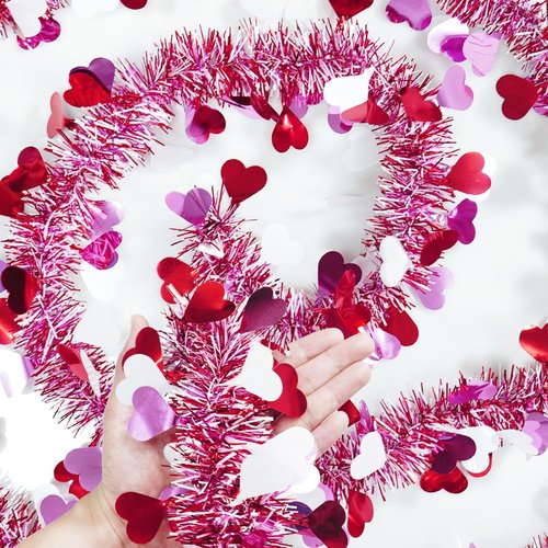 50FT Valentine's Day Decorations,Valentines Heart Garland Pink Purple Valentines Day Tinsel Garland Twist Metallic for Home Room Mantel Stairs Door Outdoor Indoor Wedding Valentine's Day Decor