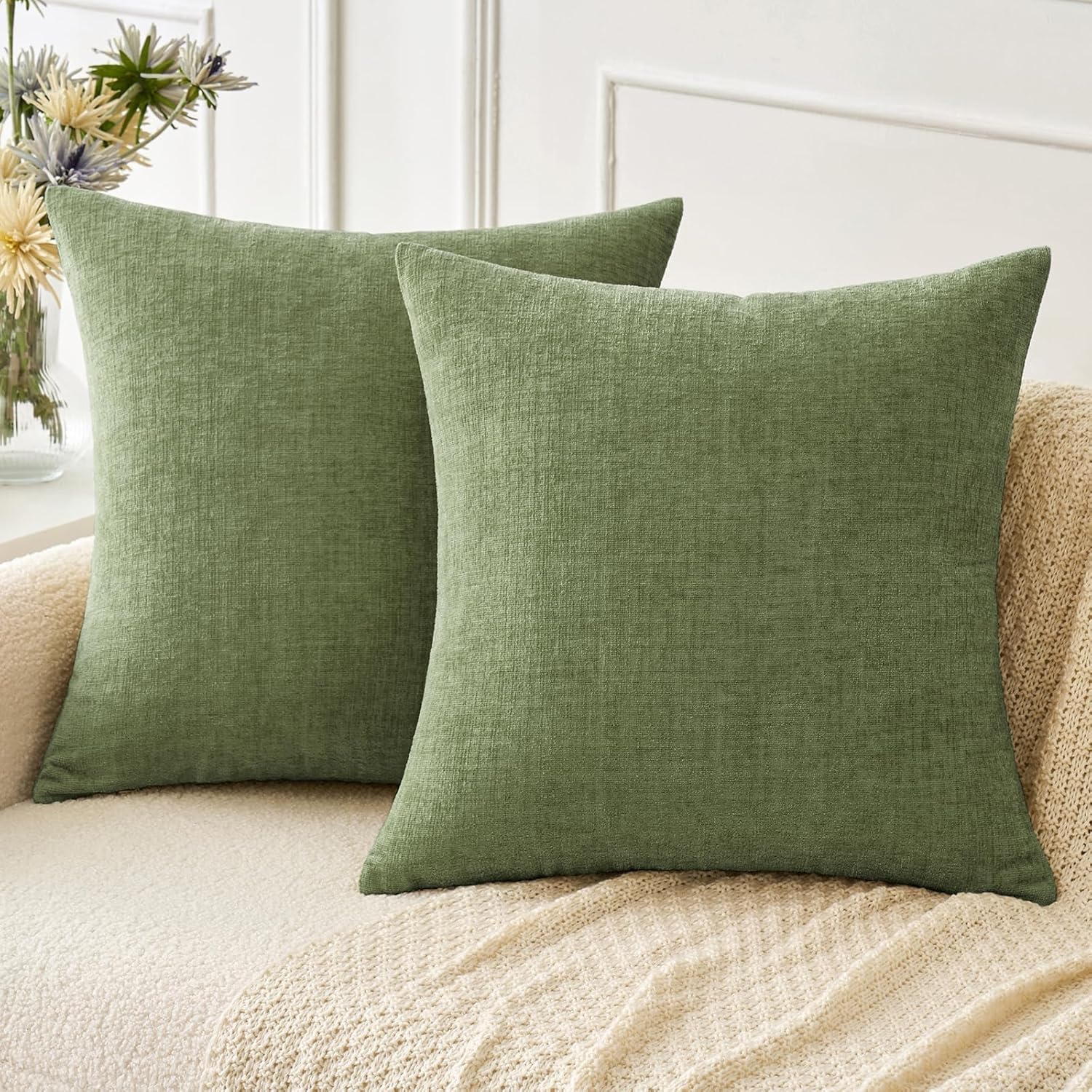 MIULEE Couch Throw Pillow Covers - Soft Sage Green Chenille | Pack of 2, 18x18 Inch for Living Room