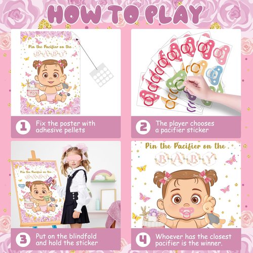 Pin The Pacifier On The Baby Game, Pink Baby Shower Decoration Pin Pacifier on Baby Poster Butterfly Theme Decor with 48 Pacifier Stickers Game for Baby Shower Party Birthday Party Supplies