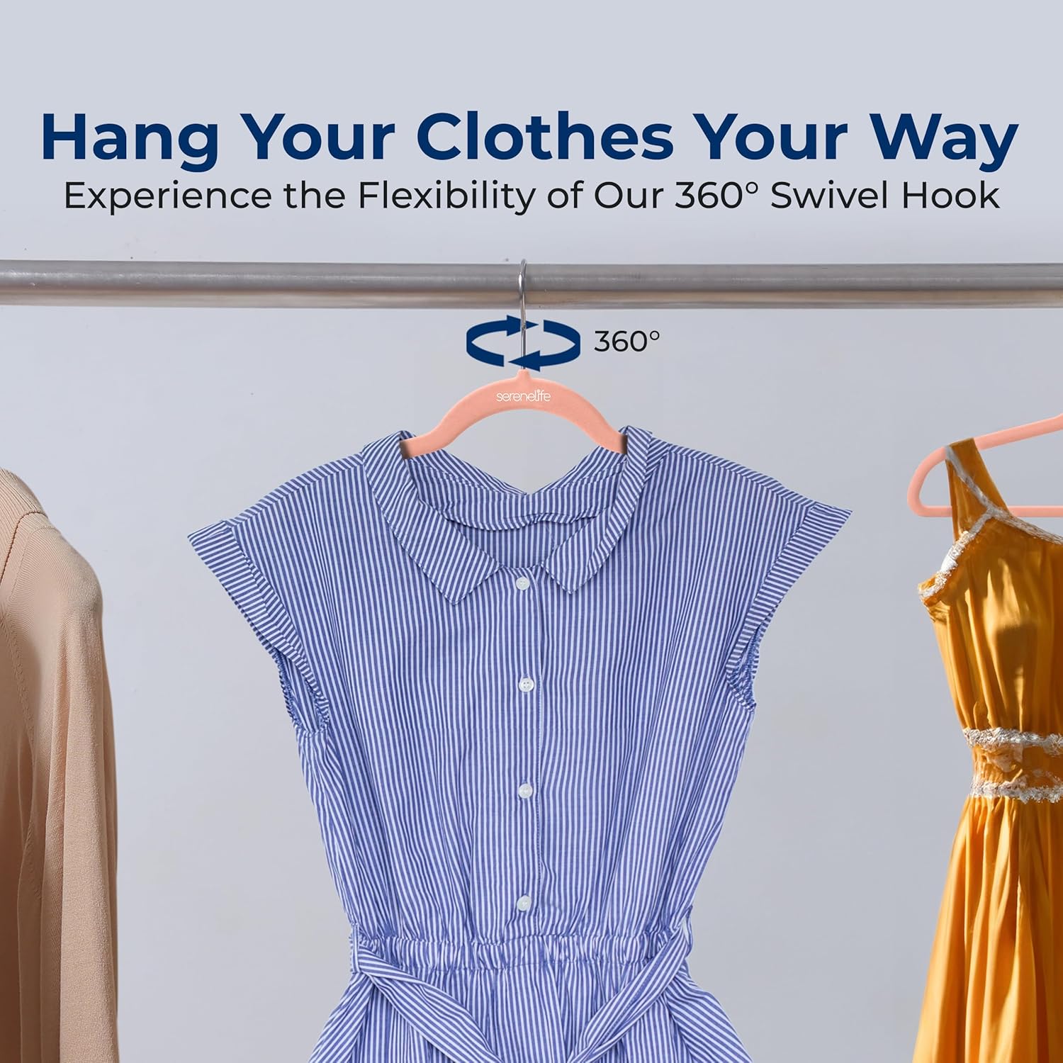 SereneLife Velvet Hangers - Non-Slip Felt with 360° Swivel Hook - Ultra-Thin & Space-Saving for Shirts, Sweaters, Kids Clothes & Dresses