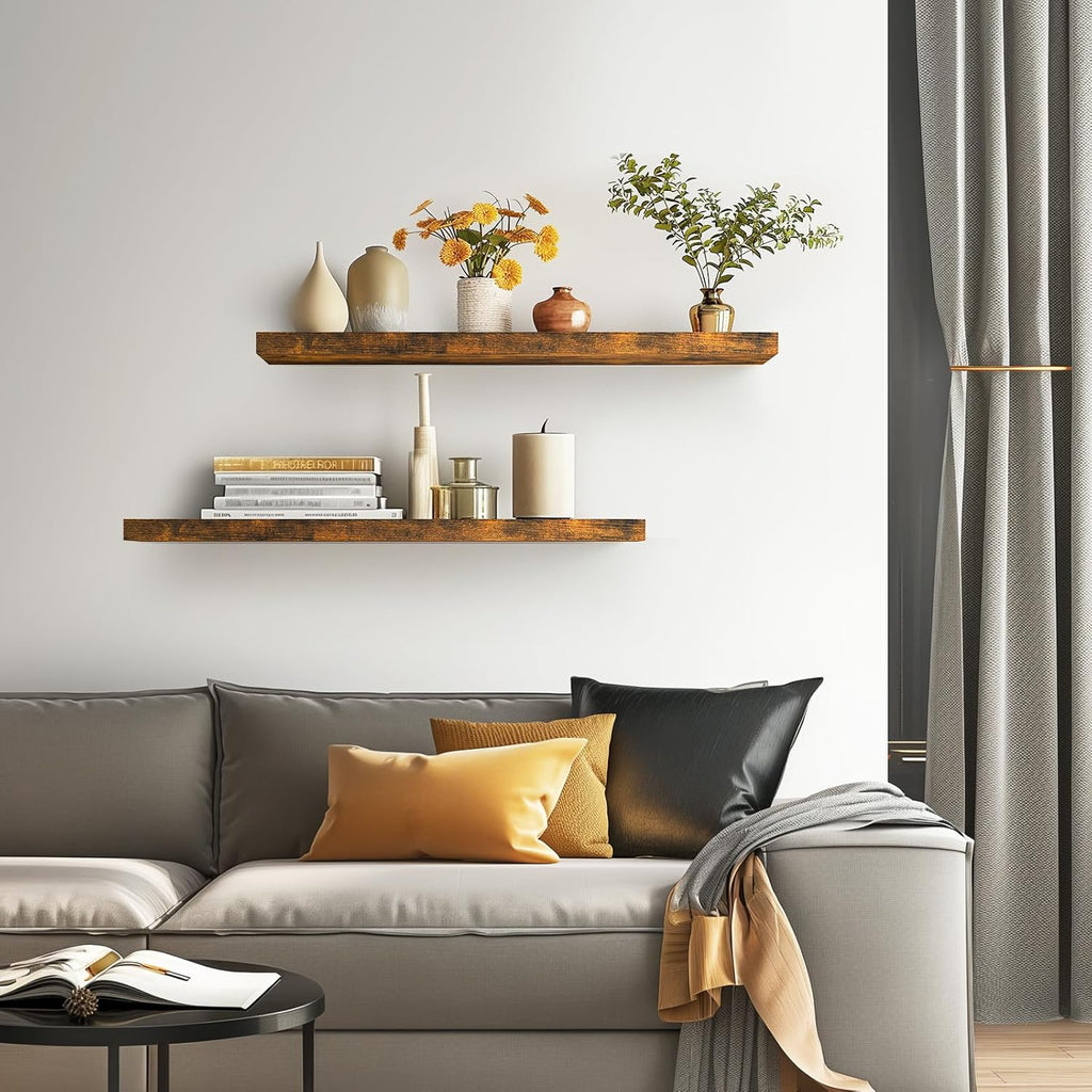 BAYKA Floating Shelves - 36-Inch Rustic Wood Wall-Mounted Shelves for Home & Office | Set of 2 (Rustic Brown)