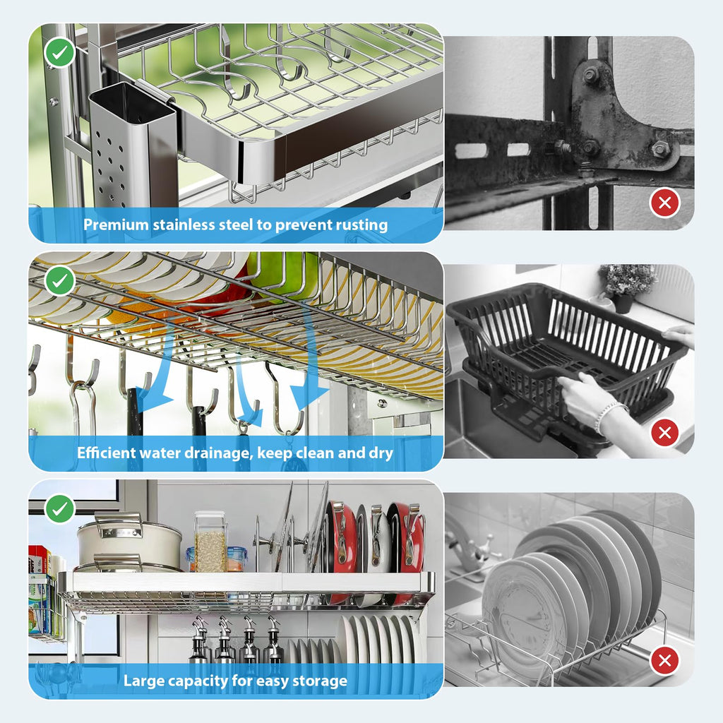 Shrivee Over The Sink Dish Drainer Drying Rack, Full Stainless Steel 3-Tier Adjustable Length Over Sink Dish Drying Rack, Large Capacity Dish Rack Over Sink for Kitchen Counter, Pots & Pans Rack