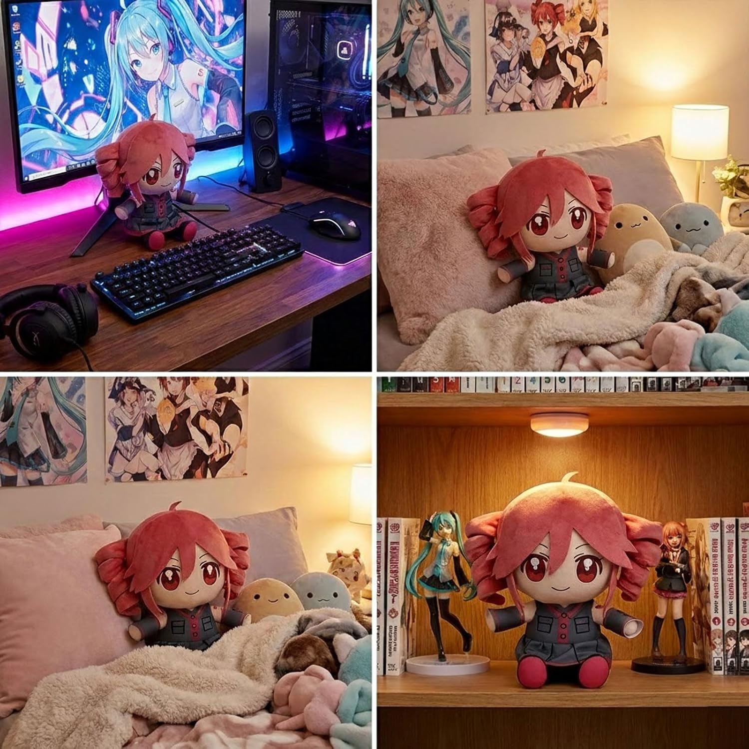 Skiennix Cute Anime Plush | 22cm Twin Tail Girl with 3D Hair | Soft Red & Black Outfit Stuffed Figure