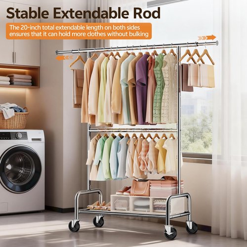 Heavy Duty Clothes Rack Load 660 LBS , Rolling Garment Rack with Lockable Wheels, Double Rod Extendable Clothing Rack with Adjustable Middle Rod & Storage Shelf for Bedroom, Laundry, Closet (Silver)
