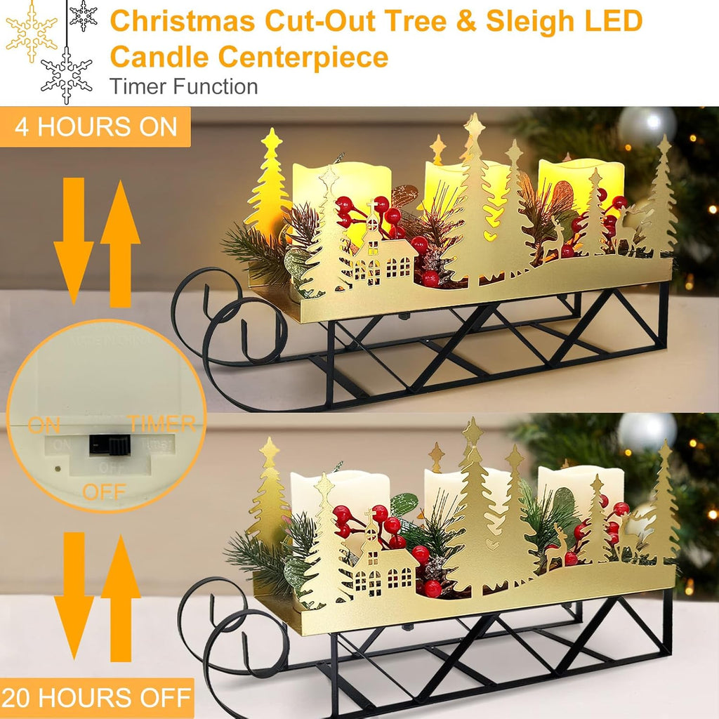 Skiennix Christmas Sleigh Table Centerpiece - Gold Cut-Out Tree LED Candle Holder with Timer | Holiday Decor
