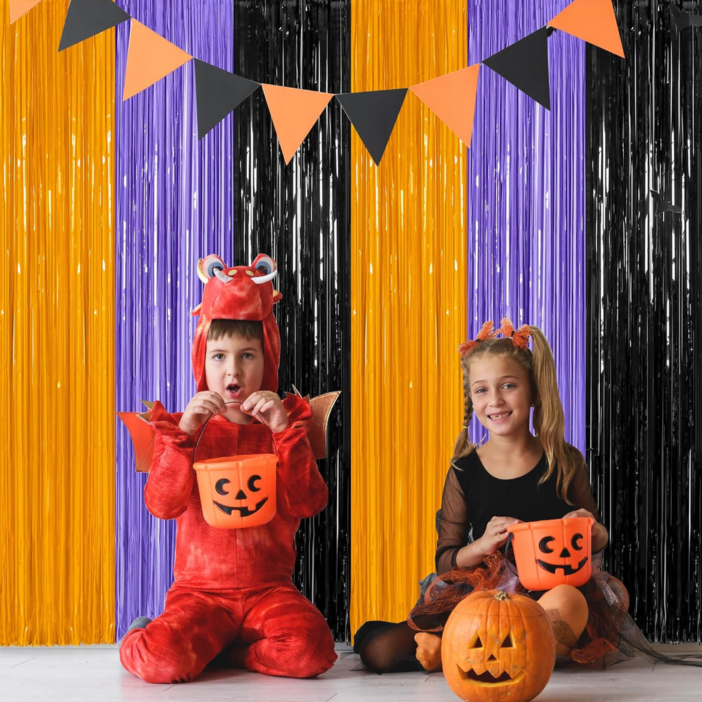 Regine Switzerland 2 Pack Halloween Backdrop - 3.28 FT x 7.05 FT Foil Fringe Curtains | Orange, Purple & Black Party Decor