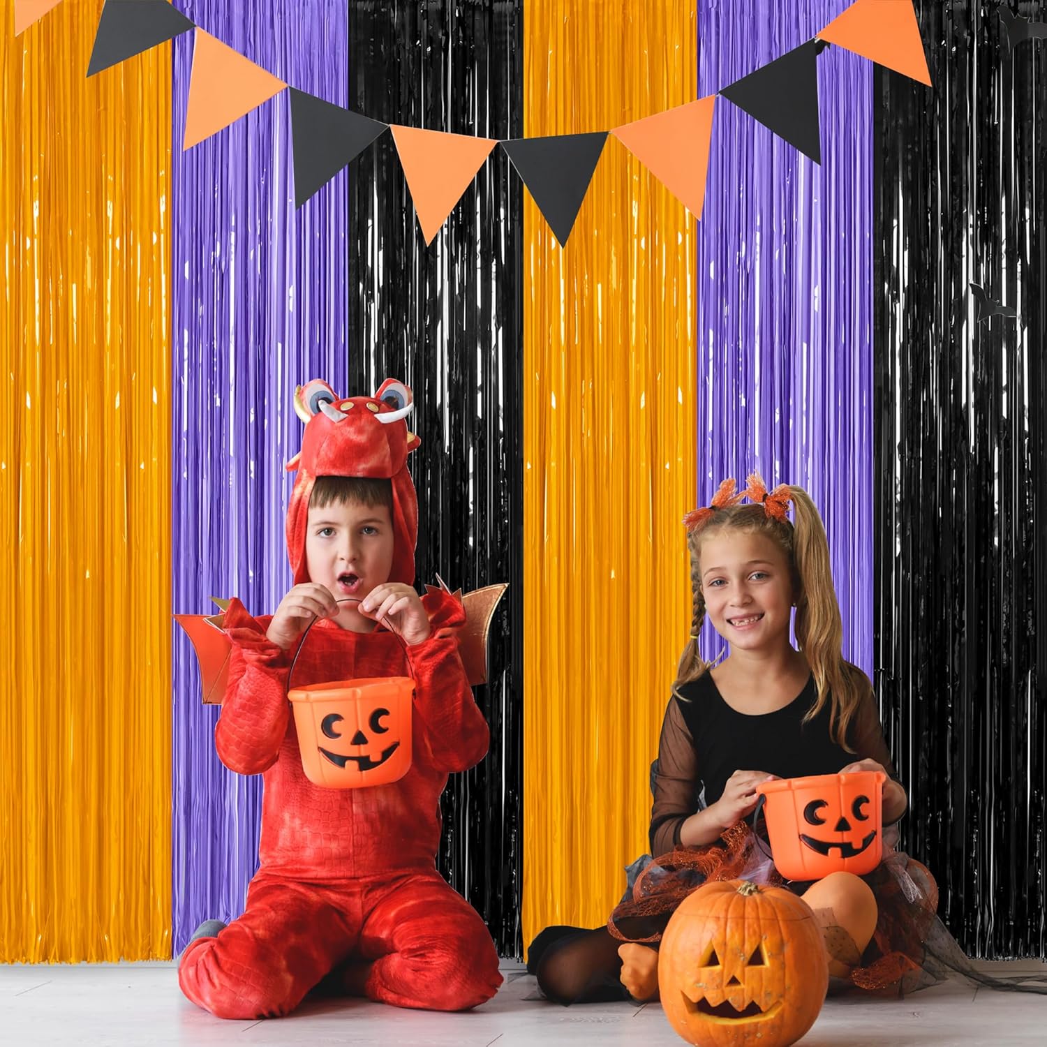 Regine Switzerland 2 Pack Halloween Backdrop - 3.28 FT x 7.05 FT Foil Fringe Curtains | Orange, Purple & Black Party Decor