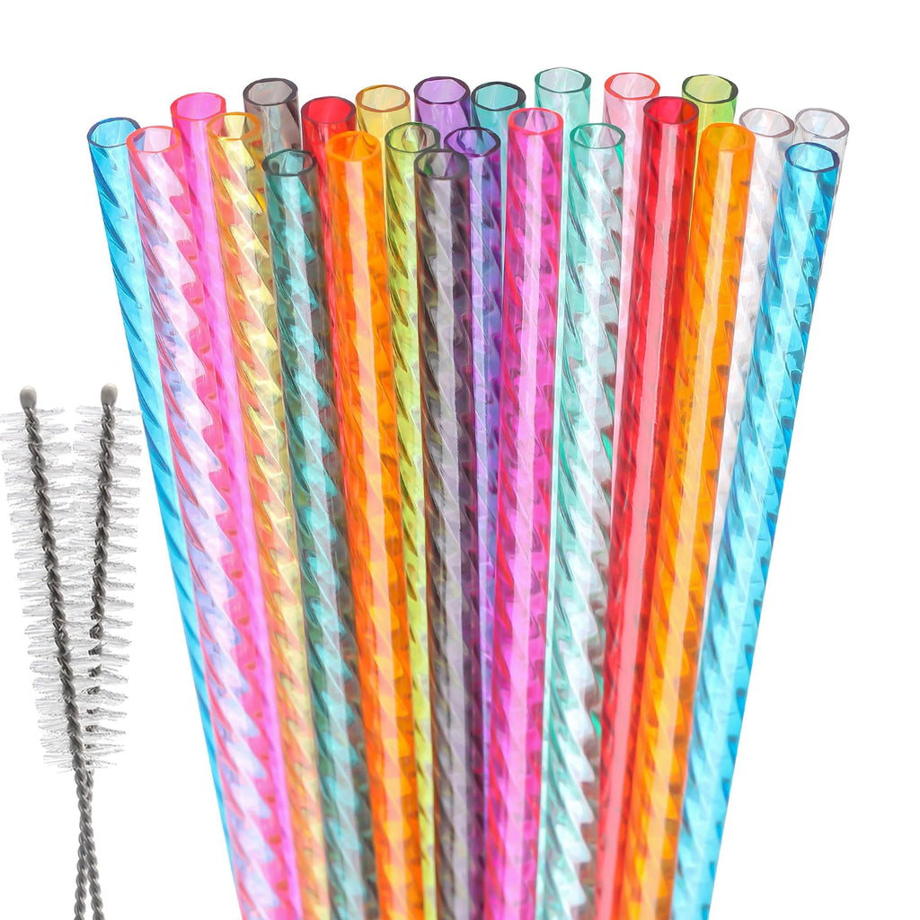 Dakoufish 24Pcs Replacement Plastic Swirl Straws for 12oz 14oz Mason Jar Tumblers,8 Inch Reusable Crystal Straws With 2 Cleaning Brush (8inch,mix12color)