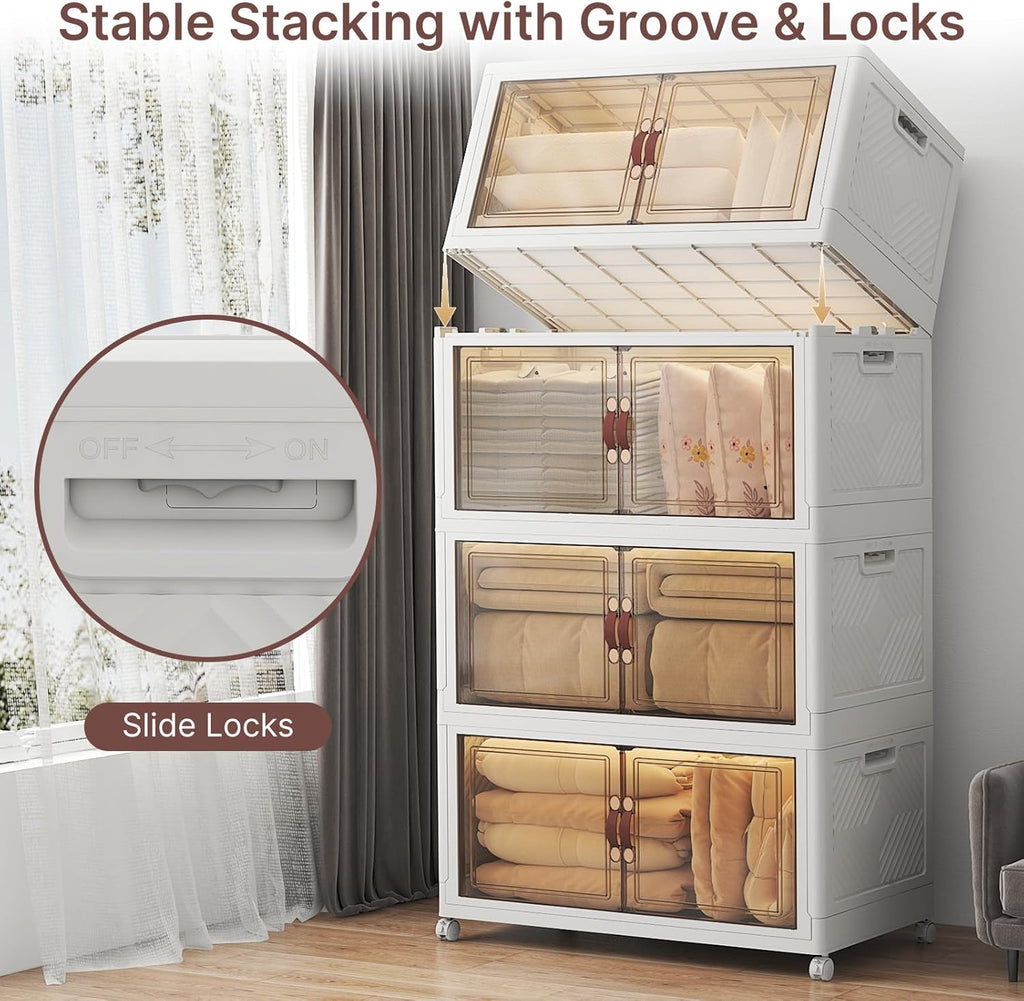 UAMFURI Stackable Storage Bins - Extra Large 720QT Closet Organizers with Lids & Wheels | Collapsible Plastic Drawers for Home & Office