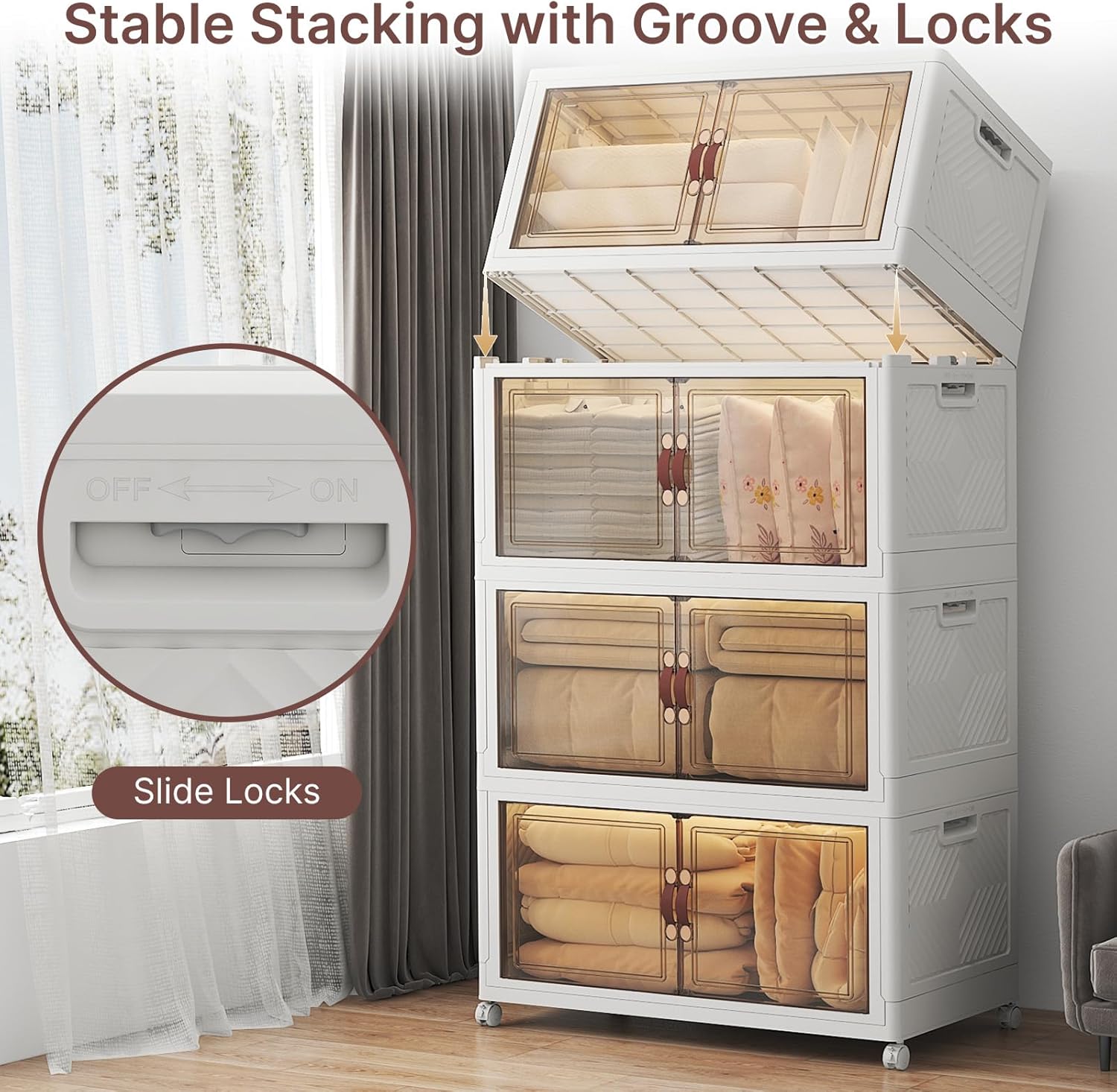 UAMFURI Stackable Storage Bins - Extra Large 720QT Closet Organizers with Lids & Wheels | Collapsible Plastic Drawers for Home & Office
