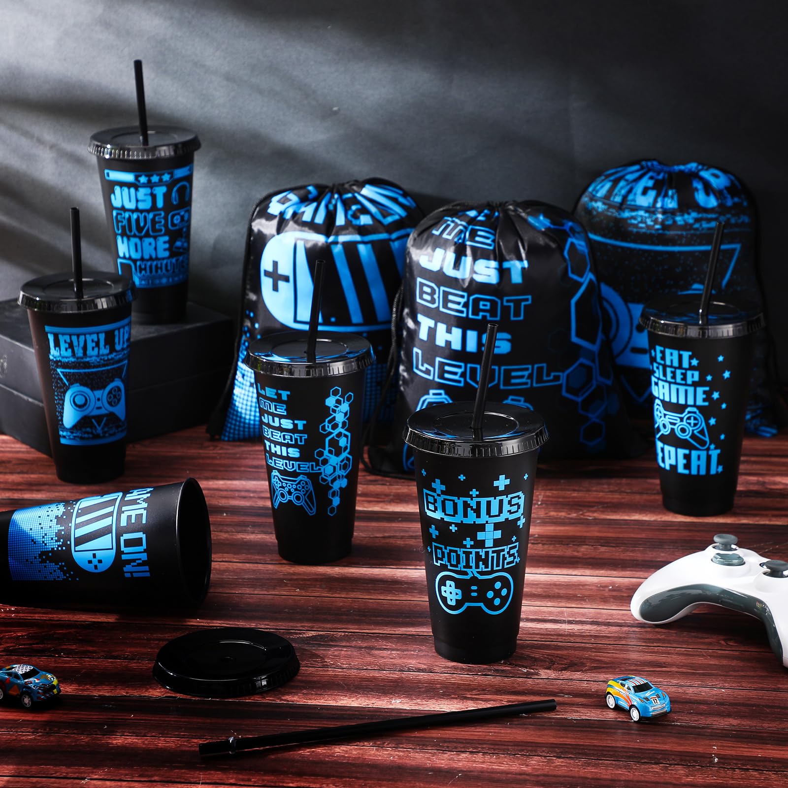 Mifoci 24 Pcs Video Game Party Favors, 12 Video Game Plastic Cups with Lids and Straws and 12 Drawstring Backpack, 24oz Reusable Tumble Bag for Gaming Party(Blue, Black)