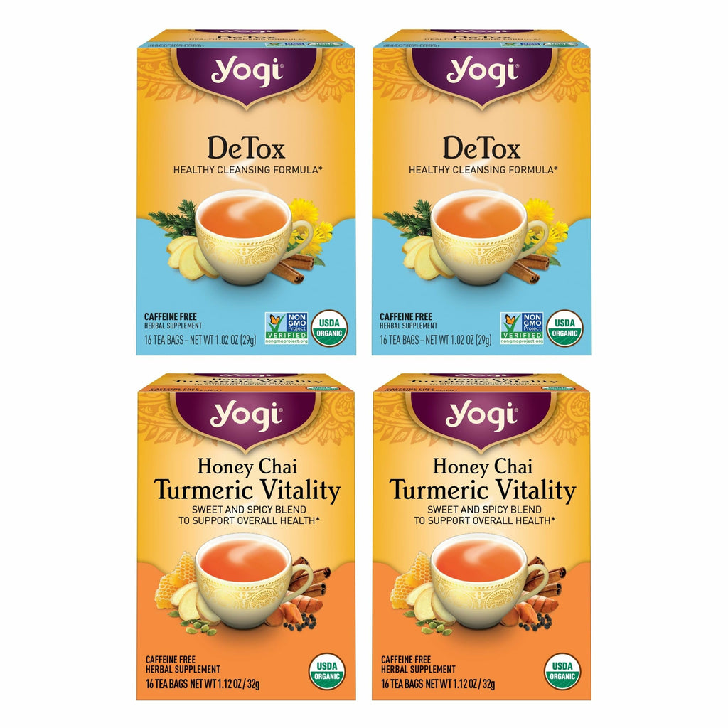 Yogi Tea DeTox and Wellness Variety Pack 4pk - 16 Bags per Pack (4 Pack) - Organic Herbal Cleansing Teas - Includes (2 Boxes Each) of Honey Chai Turmeric Vitality & DeTox - Caffeine-Free Teas