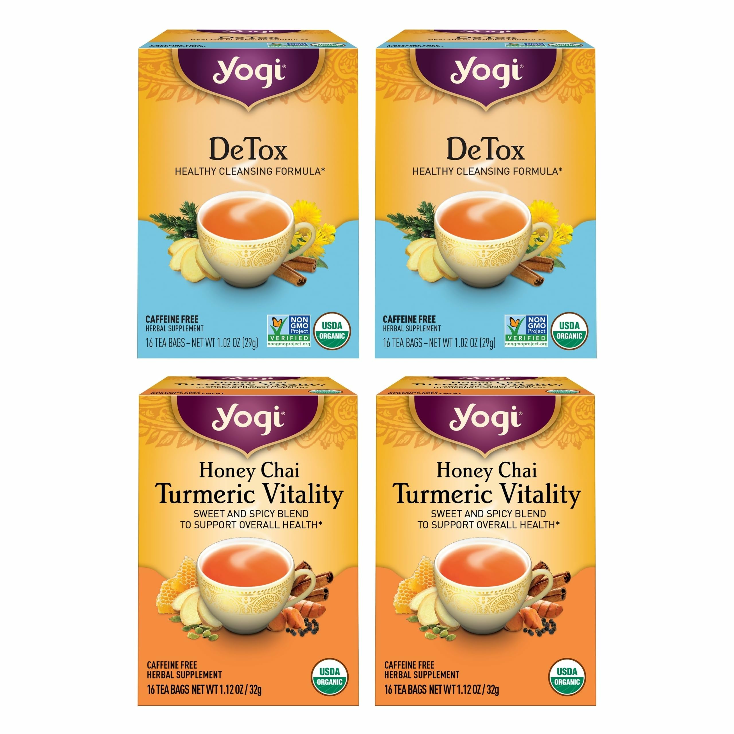 Yogi Tea DeTox and Wellness Variety Pack 4pk - 16 Bags per Pack (4 Pack) - Organic Herbal Cleansing Teas - Includes (2 Boxes Each) of Honey Chai Turmeric Vitality & DeTox - Caffeine-Free Teas