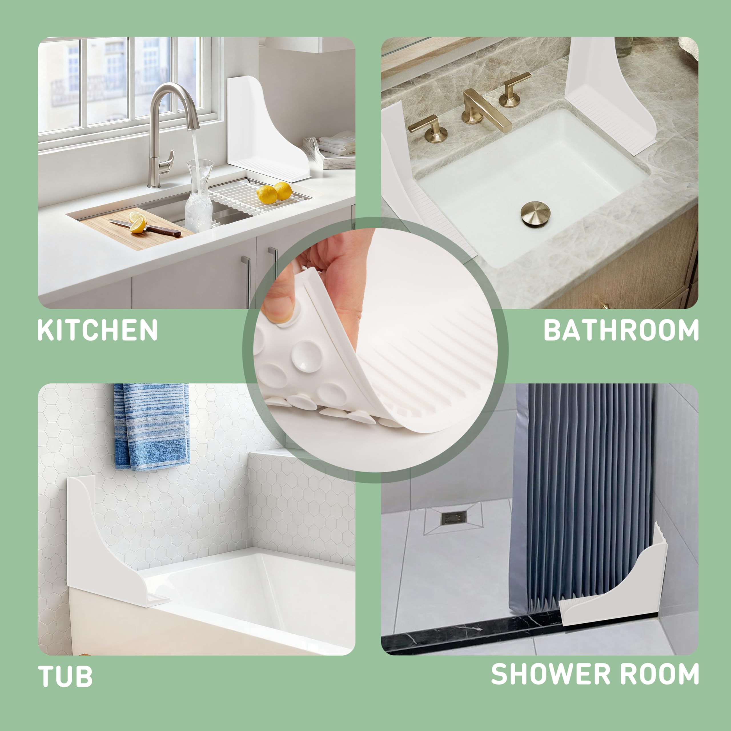 No-Adhesive 2-Pack All-Silicone Shower Splash Guard with Strong Suction Cups, Reusable Bath Tub Corner Water Blocker for Secure Seal&Easy Removal，Keep Water in Shower or Bath, One-Piece Design, White