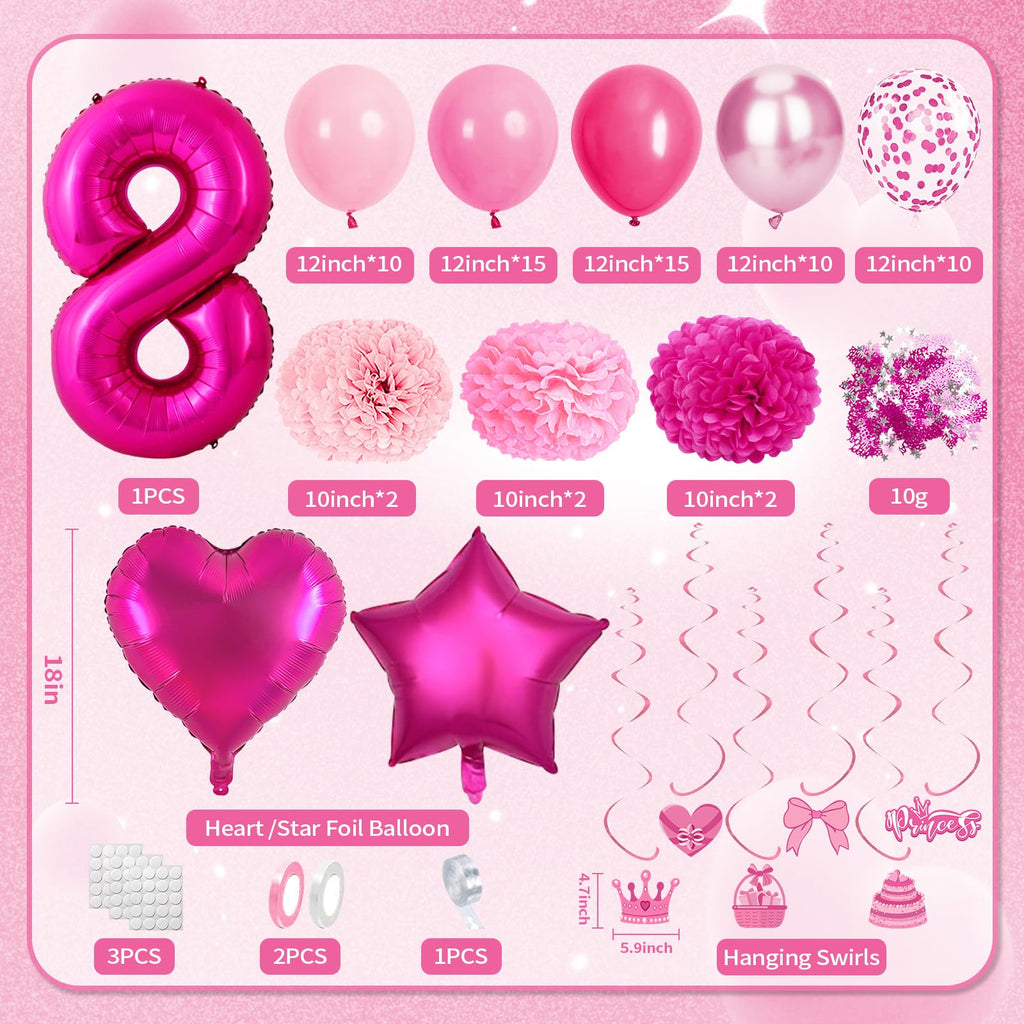 8th Birthday Decorations for Girls, Pink Party Decorations with Number 8 Balloon Happy Birthday Banner Bday Sash Crown Tablecloth Fringe Curtain Hanging Swirl for 8 Balloons for Bday Girl