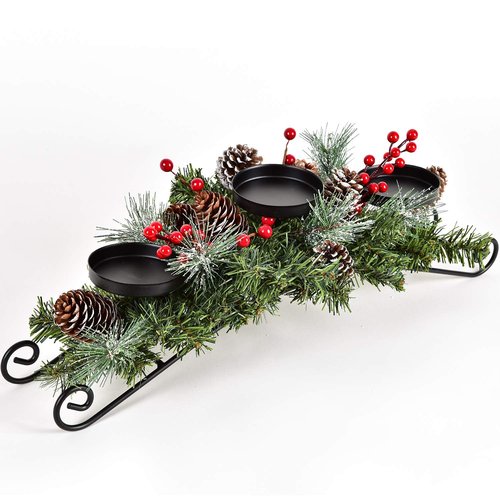 Artiflr 20 Inch Christmas Candle Holder Centerpiece with 3 Candle Holders, Pine Cones, Red Berry Table Accent for Festival Home Decoration