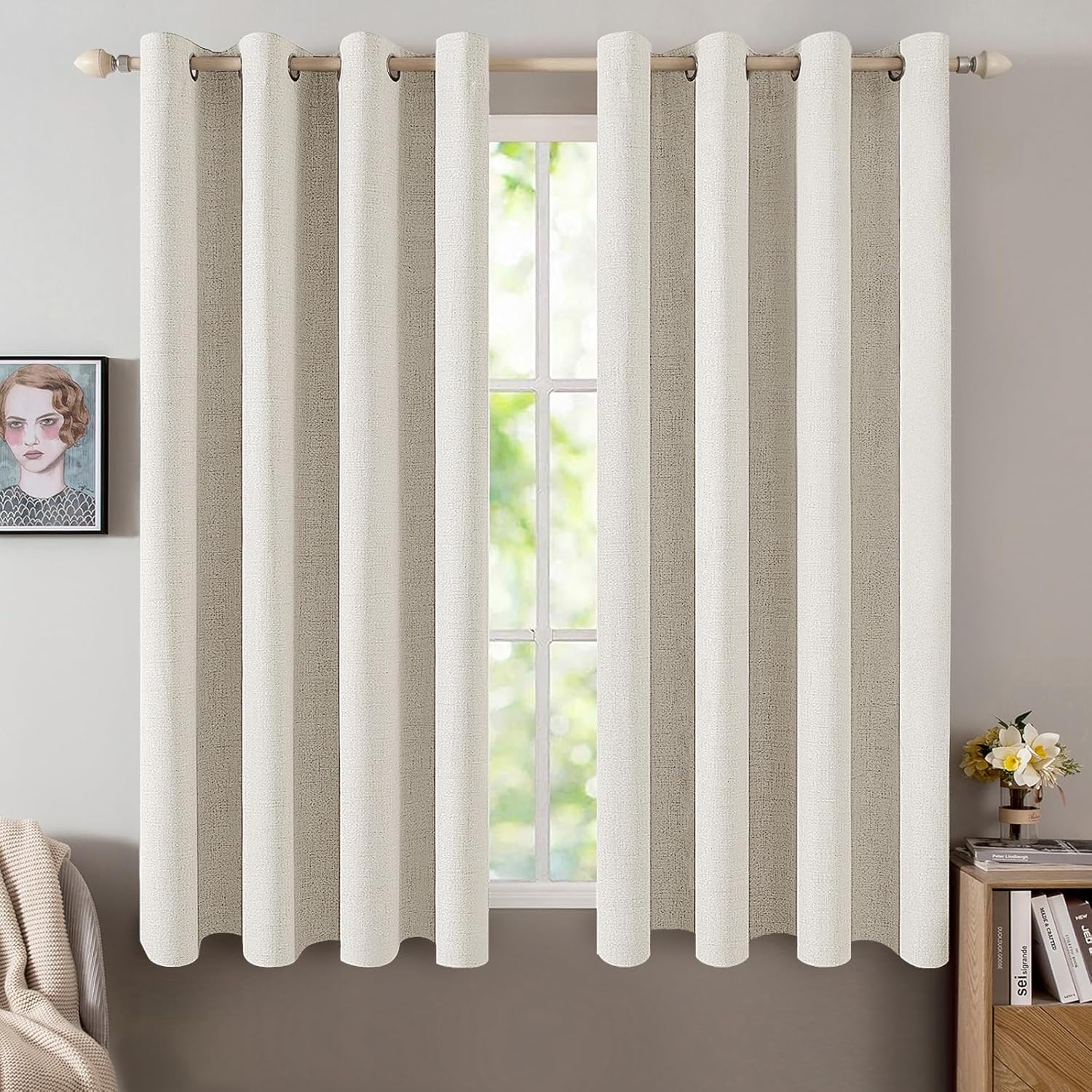 MIULEE Linen Texture Curtains - 100% Blackout Thermal Insulated Drapes | Beige, 52x45 Inch (2 Panels)