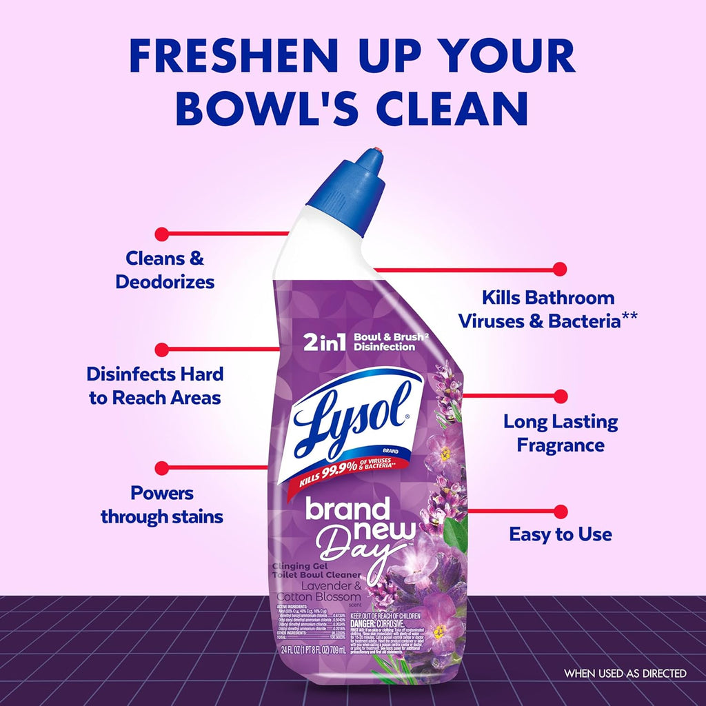 Lysol Toilet Bowl Cleaner Gel - Disinfecting Lavender & Cotton Blossom Scent | Septic Safe, 24 oz (Pack of 2)