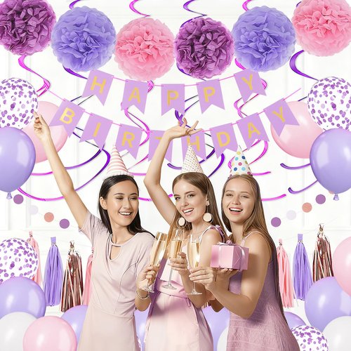 Purple Happy Birthday Party Decorations for Women Girls with Happy Birthday Banner,Paper Tassel,Tissue Paper Pompoms, Hanging Swirl,Circle Garland,Balloons for Party Decor