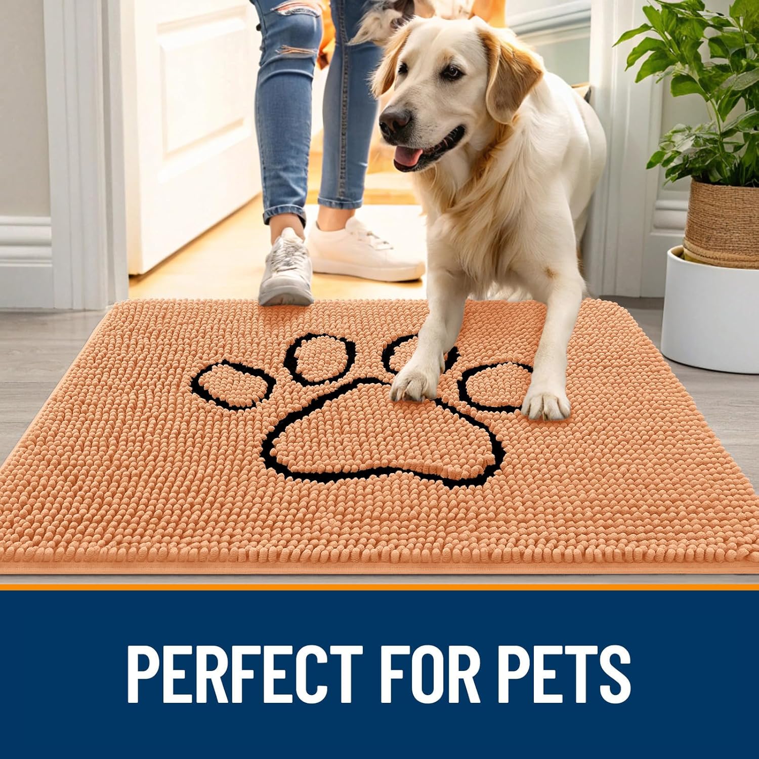 OLANLY Dog Door Mat - Absorbent Non-Slip Mud Mat for Muddy Paws | 48x30 Inches, Orange Paw Print Design