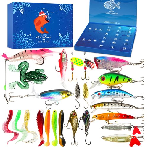 Fishing Advent Calendar 2025 Adult Men Teen Boys, 24 Day Fishing Lure Countdown Calendar with Spoons Minnow Popper Crankbait VIB Xmas Fishing Gift for Father
