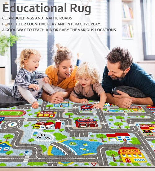 Kids Carpet Playmat Rug 5'0''x6'6'', Kids Rugs for Bedroom, Non-Slip Town City Road Map Car Rugs for Kids Toy Cars, Track Carpet Play Rug for Playroom Classroom Decor (Sky Blue)