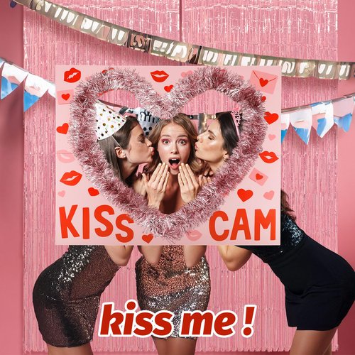 Soulchen 32 x 25 Inch Valentine's Day Photo Backdrop Booth Props Set Galentines Photo Backdrop Conversation Hearts Frame Decor with Pink Tassel Garland and Curtains Wedding Party Decoration