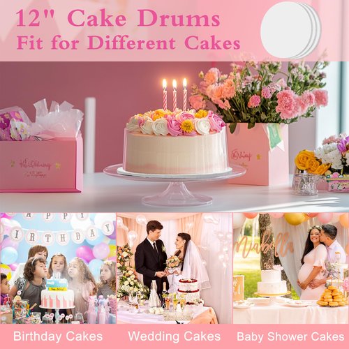 3PK Cake Boards,12 Inch Round Sturdy 1/3 Inch Thick Cake Drums,Disposable Cake Plates-White Food Grade Cardboard for displaying Cakes,Bread, Desserts,Cake Drums