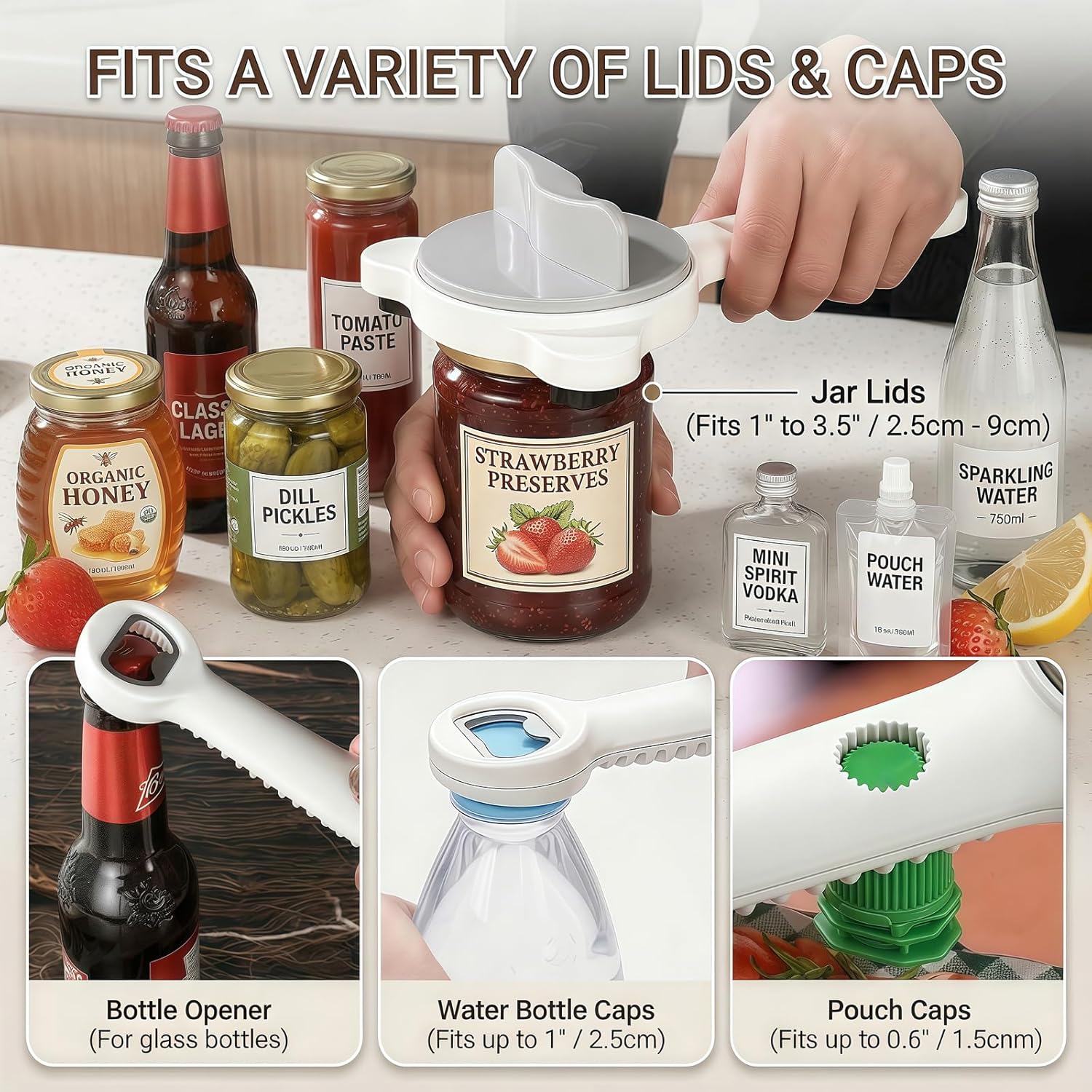 4-in-1 Adjustable Jar Opener by [Brand Name] - Ergonomic Non-Slip Handle for Seniors | Multi-Size Lid Remover (Grey)