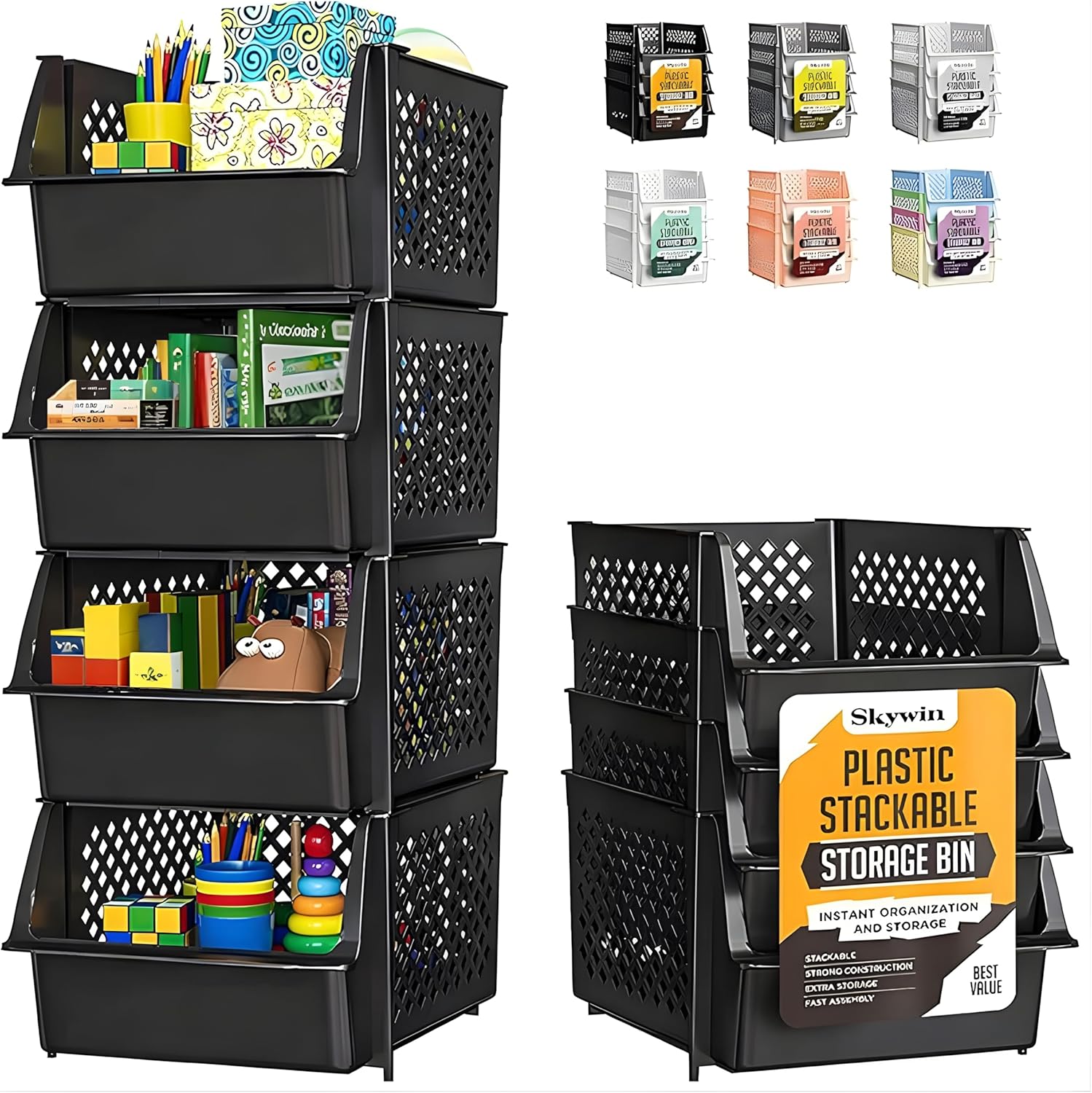 TidyFriend Stackable Storage Bins - Open Front Pantry Organizers for Kitchen & Home | 4-Pack Black