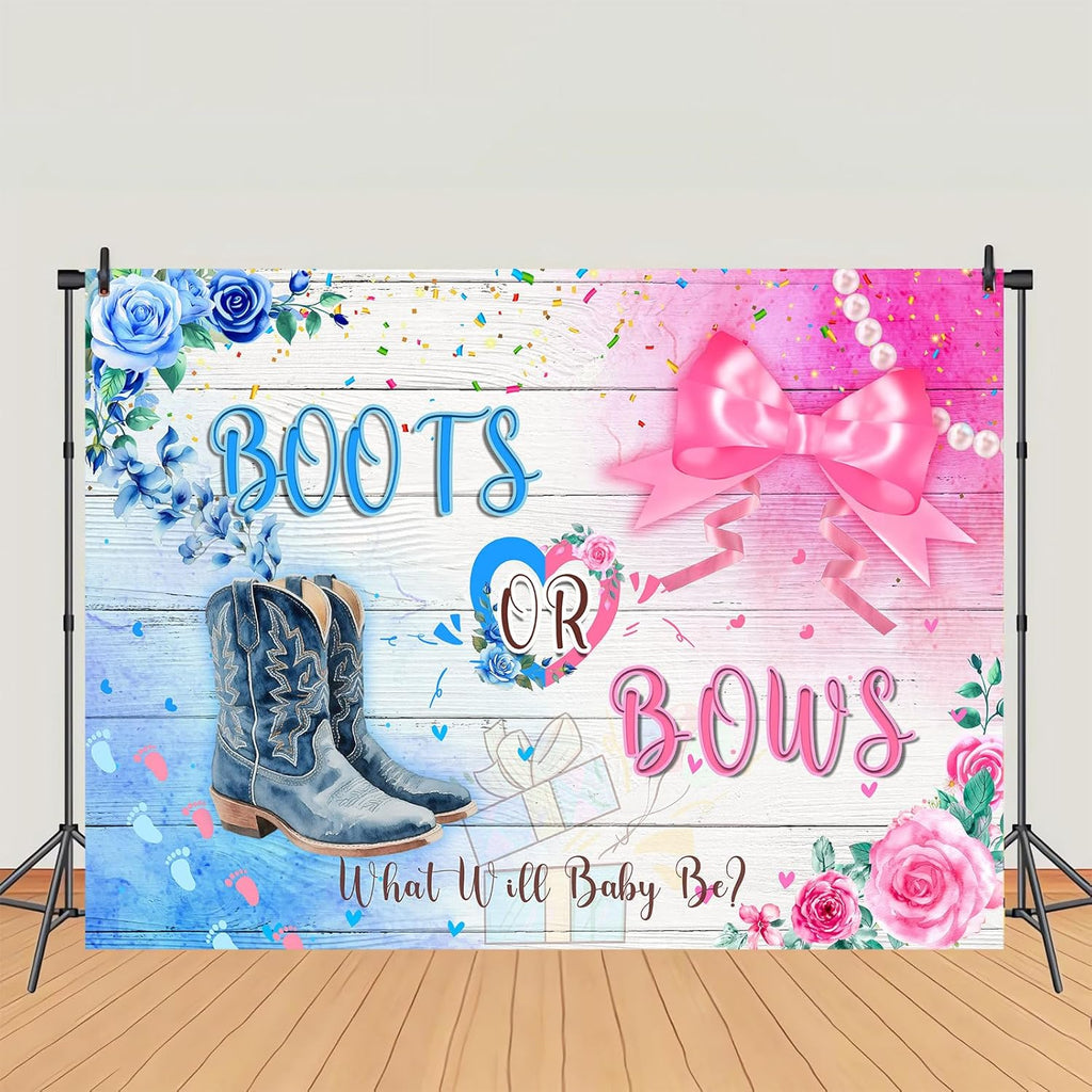 Skiennix Cowboy Boots & Bows Gender Reveal Backdrop - Rustic Wood Design | 7x5ft Photo Booth Banner