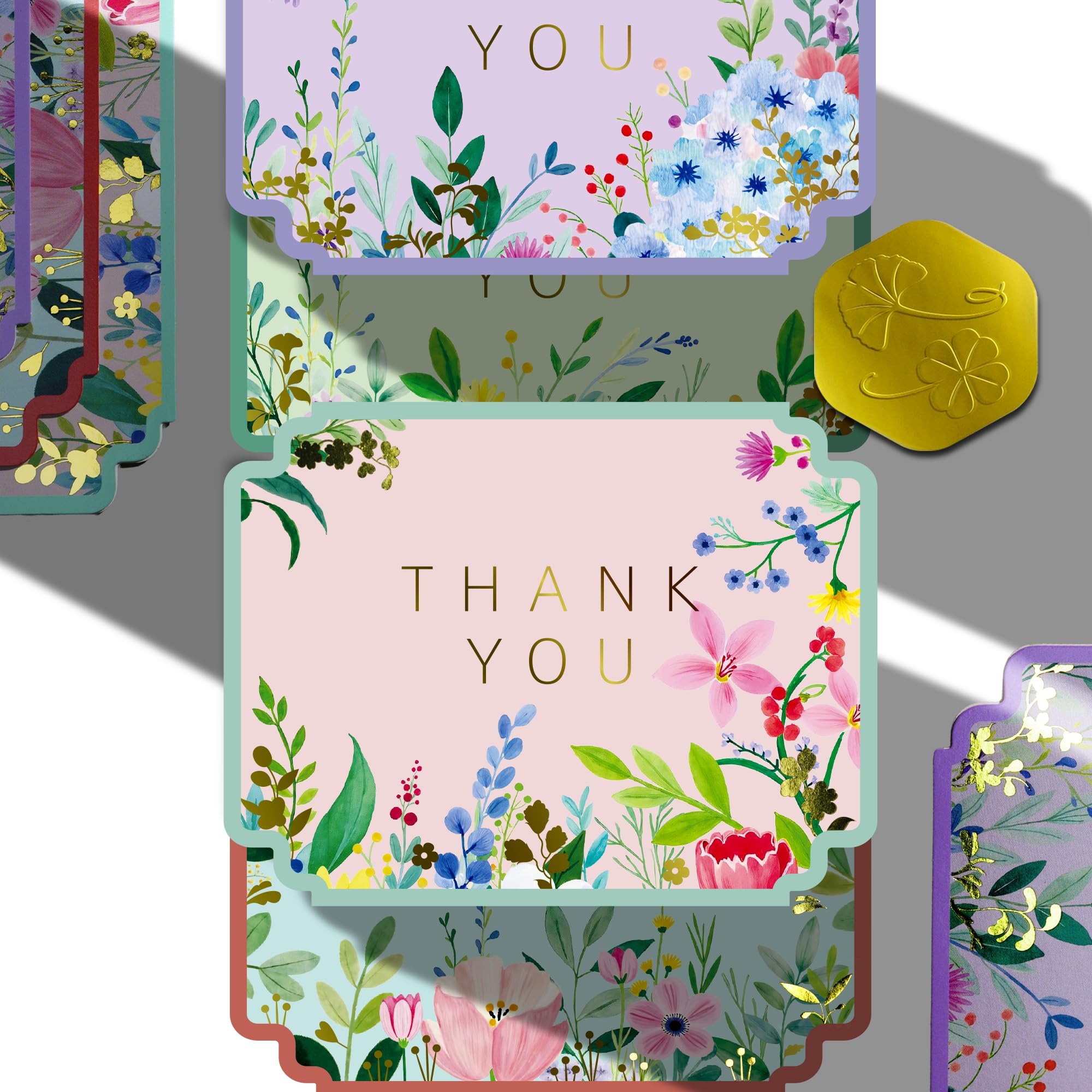 ukee's Thank You Cards with Envelopes 100-Pack, Gold Foil Floral, Thank You Notes w/Sage Green Envelopes & Stickers, Blank Inside for Baby Shower, Wedding, Graduation, Small Business, 4.25" x 5.5"