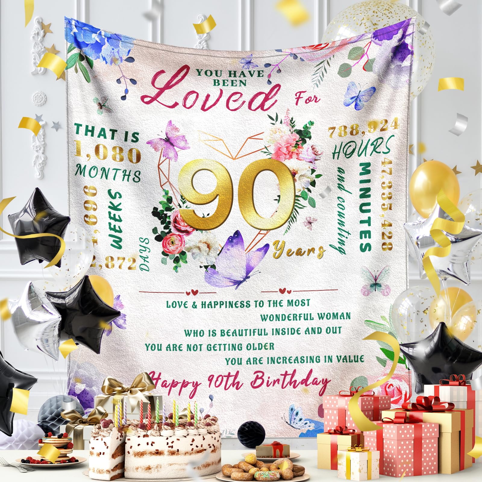 90th Birthday Gifts for Women, 90 Year Old Birthday Gifts for Women, Best Gift for 90 Year Old Woman Throw Blanket 50"x60", 1936 Bday Gift Ideas for Woman, Happy 90th Bday Decorations for Female