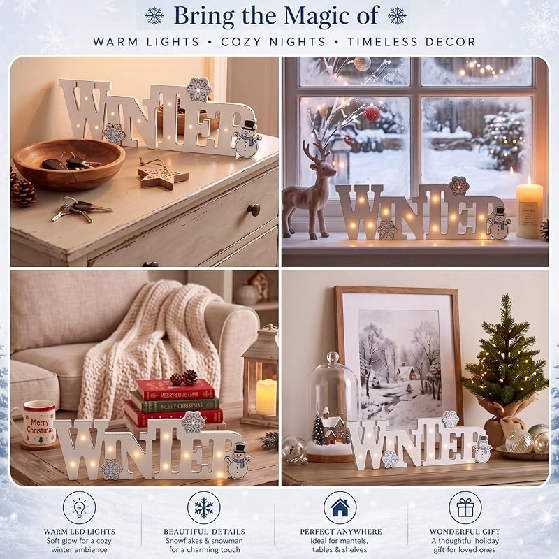 Wooden Winter Sign Lighted Tabletop Decor - White LED Centerpiece (White+Winter)
