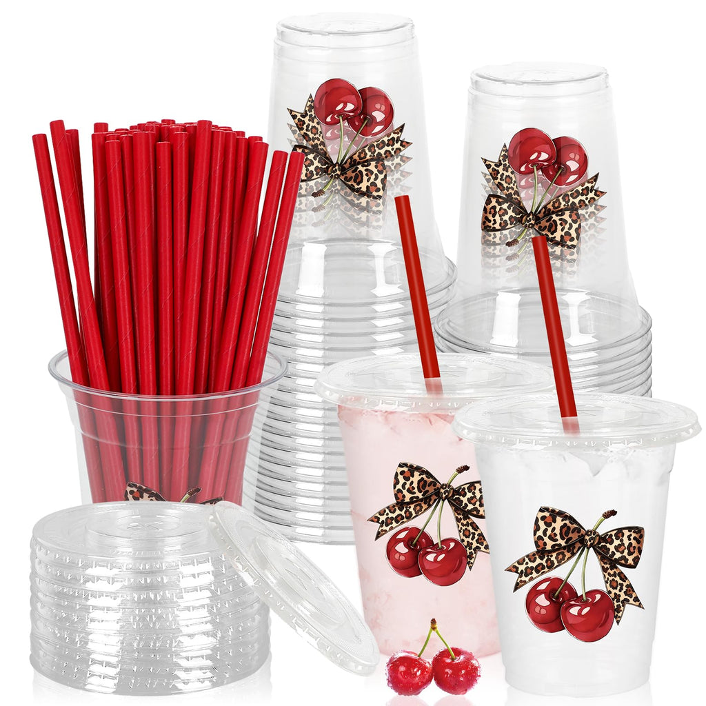 JarThenaAMCS 50Pcs Leopard Cherry Plastic Cups with Lids Straws Disposable Cups 12oz Cheetah Print Red Cherry Drinking Cup for Bride Shower Girls Night Bachelorette Party