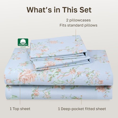 California Design Den Queen Size Bed Sheets Set - 400 TC Soft Cotton, Smooth Sateen Finish, Deep Pockets - Floral Blue/Pink