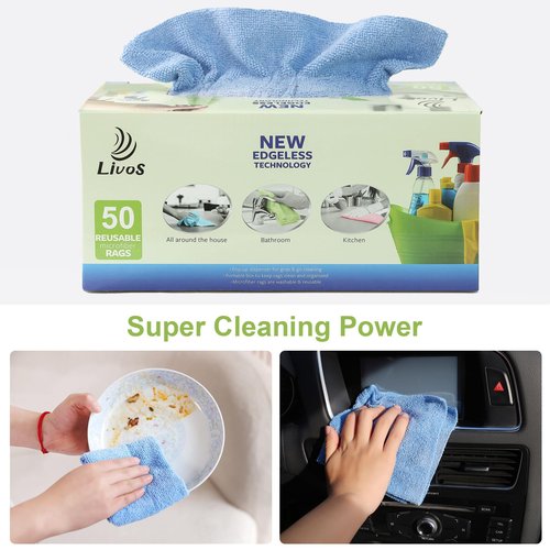 LIVOS 50 Pack Microfiber Cleaning Cloth in Box, Reusable Cleaning Rags, 11.5"x11.5", Edgeless Microfiber Wipes, Lint Free, Absorbent Shop Towels for Kitchen, Car, Glass (Blue)