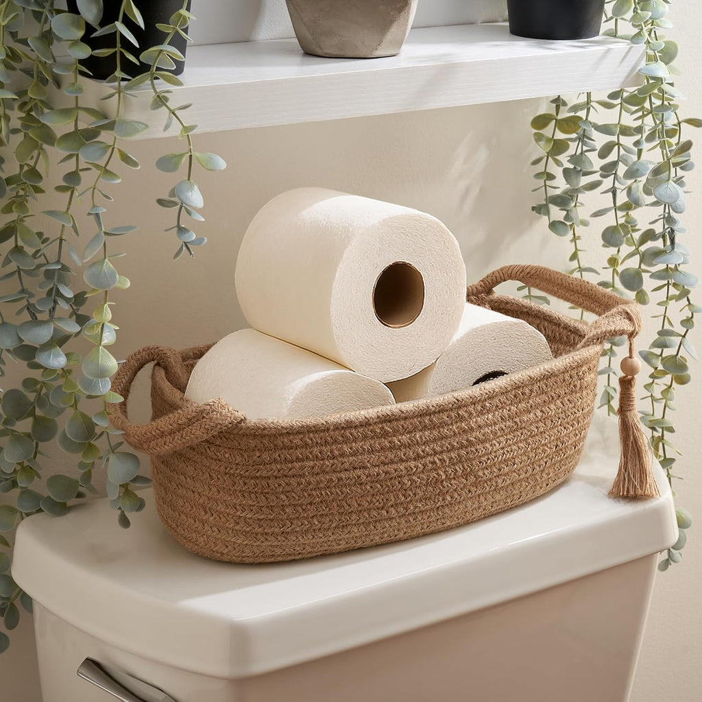Skiennix Decorative Toilet Paper Basket - Stylish Bathroom Organizer for Tank Storage | Boho Jute Cotton Rope with Tassel