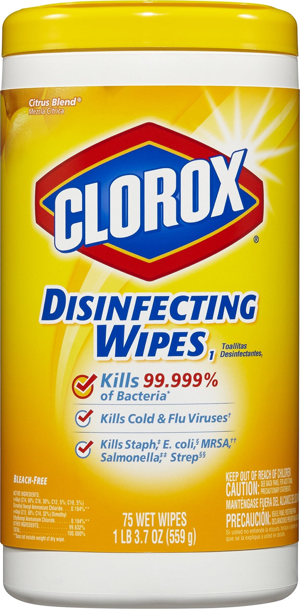 Clorox Disinfecting Cleaning Wipes, Bleach Free, Crisp Lemon, 75 Count, Pack of 6 (Pack May Vary)