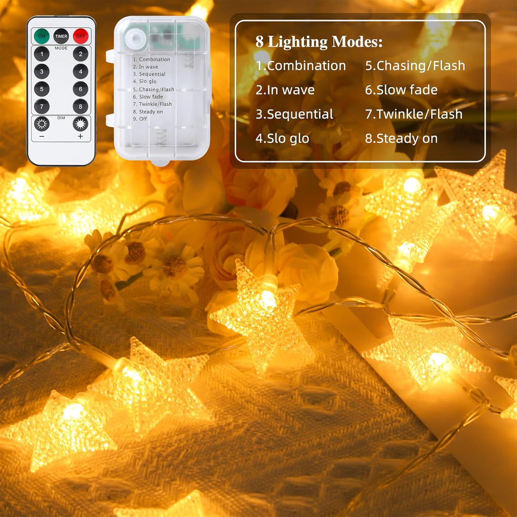 Skiennix 33ft Star String Lights - 100 LED Waterproof Fairy Lights with Remote Control | Warm White Decor