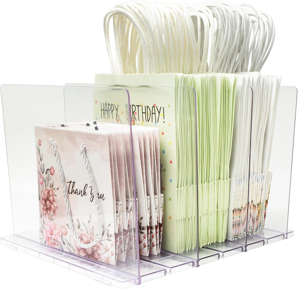 Skiennix Gift Bag Storage Organizer - Clear Acrylic Design with Adjustable Shelf Divider | Perfect for Small Closets