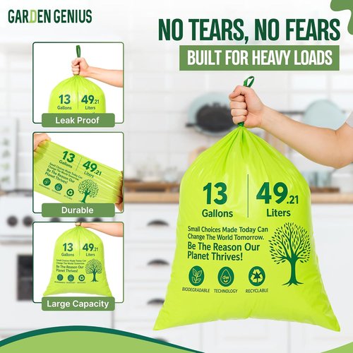 Biodegradable 13-Gallon Kitchen Waste Bags - Heavy-Duty Drawstring Trash Bags | Eco-Friendly, 50-Pack