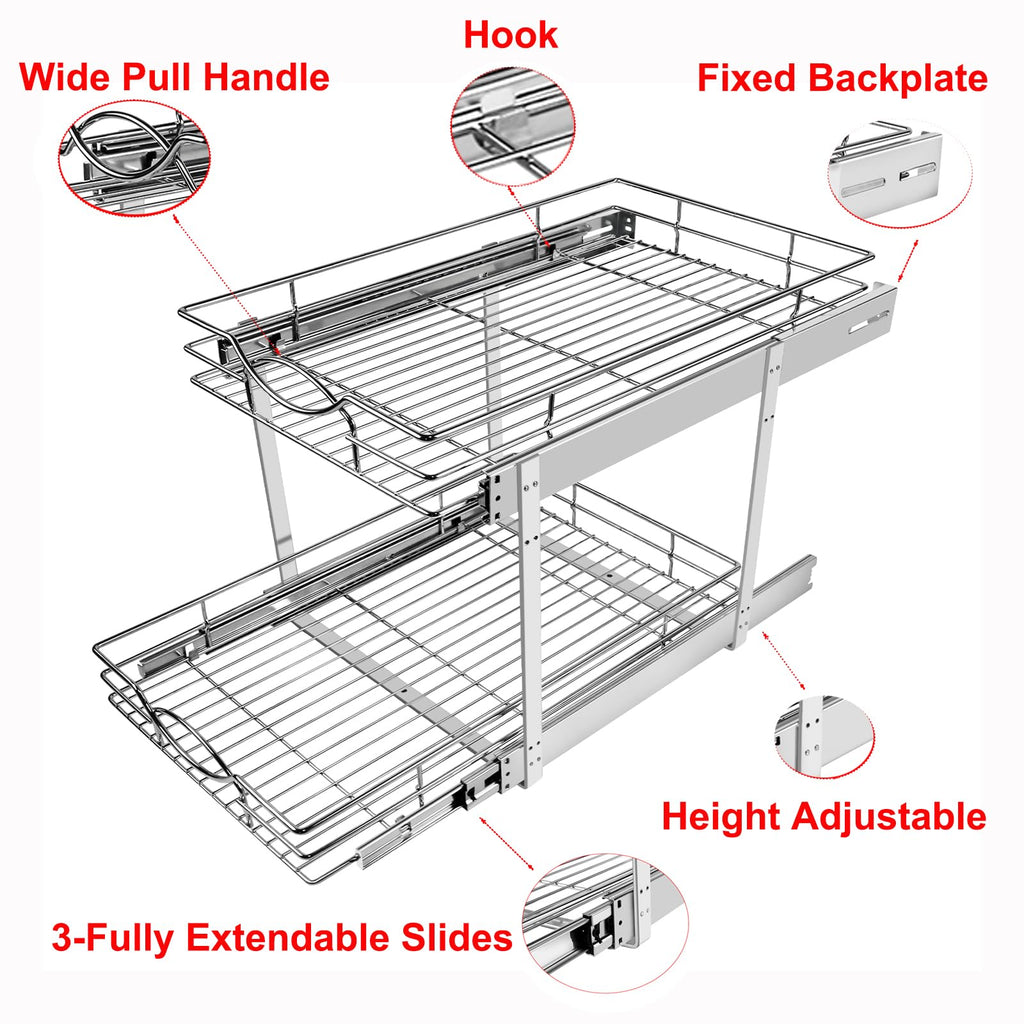 Sikarou Pull Out Cabinet Organizer 14" W x 21" D 2-Tier Individual Slide Out Drawer Pantry Shelf Storage for Kitchen Base Cabinet Organization for Kitchen, Bathroom, Pantry, Chrome