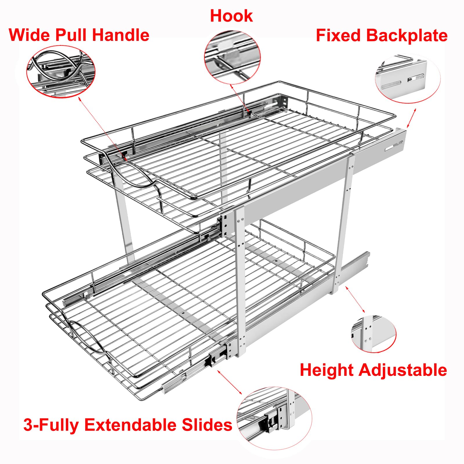 Sikarou Pull Out Cabinet Organizer 14" W x 21" D 2-Tier Individual Slide Out Drawer Pantry Shelf Storage for Kitchen Base Cabinet Organization for Kitchen, Bathroom, Pantry, Chrome